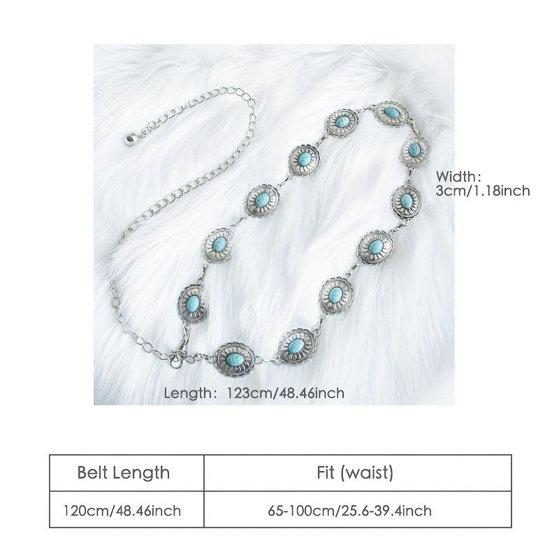 Turquoise Inlay Oval Chain Belt Silvery Geometric Flower Boho Waist Chain