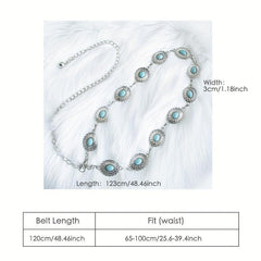 Turquoise Inlay Oval Chain Belt Silvery Geometric Flower Boho Waist Chain