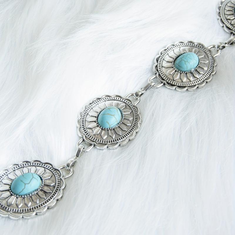Turquoise Inlay Oval Chain Belt Silvery Geometric Flower Boho Waist Chain