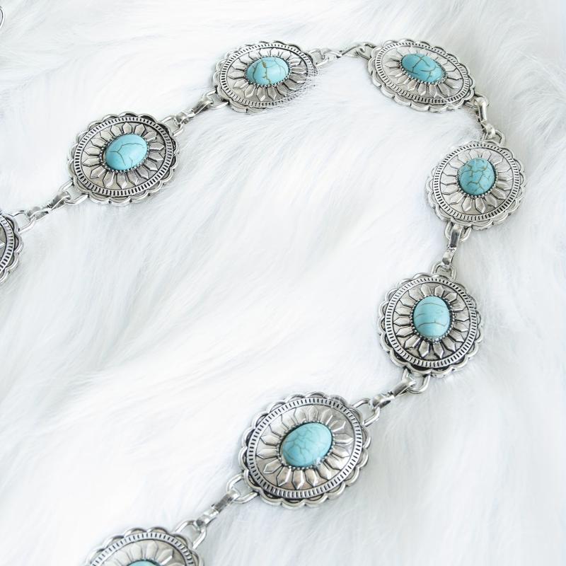 Turquoise Inlay Oval Chain Belt Silvery Geometric Flower Boho Waist Chain