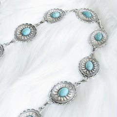 Turquoise Inlay Oval Chain Belt Silvery Geometric Flower Boho Waist Chain