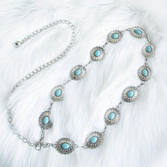 Turquoise Inlay Oval Chain Belt Silvery Geometric Flower Boho Waist Chain