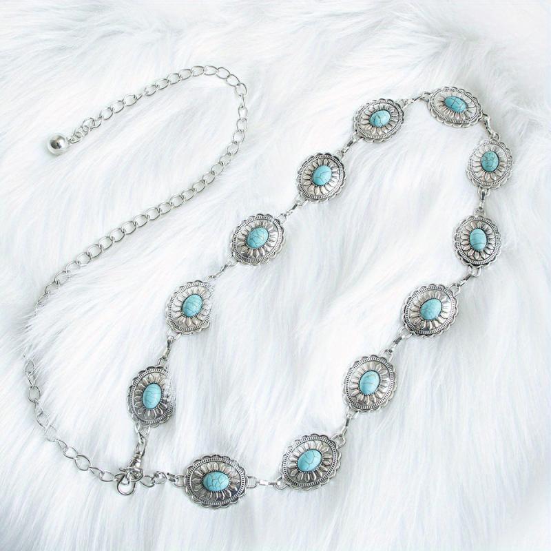 Turquoise Inlay Oval Chain Belt Silvery Geometric Flower Boho Waist Chain