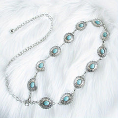 Turquoise Inlay Oval Chain Belt Silvery Geometric Flower Boho Waist Chain