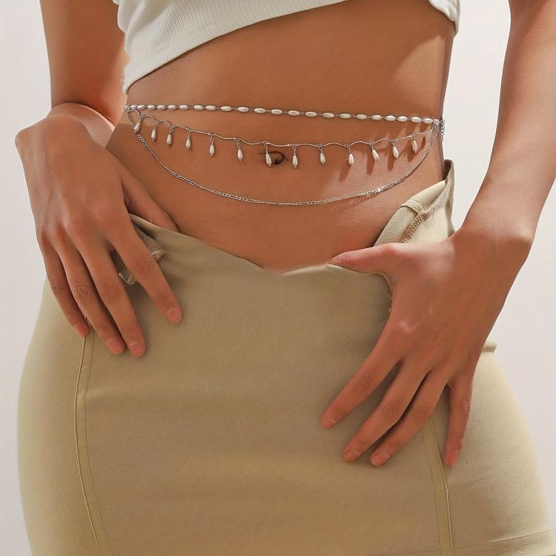 Faux Pearl Layered Waist Chain Pendant Tassel Metal Belt Dress Girdle