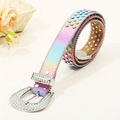 Y2K Rhinestone Decor Belt Punk Rainbow Green PU Belt Hip Hop Gothic Sparkly