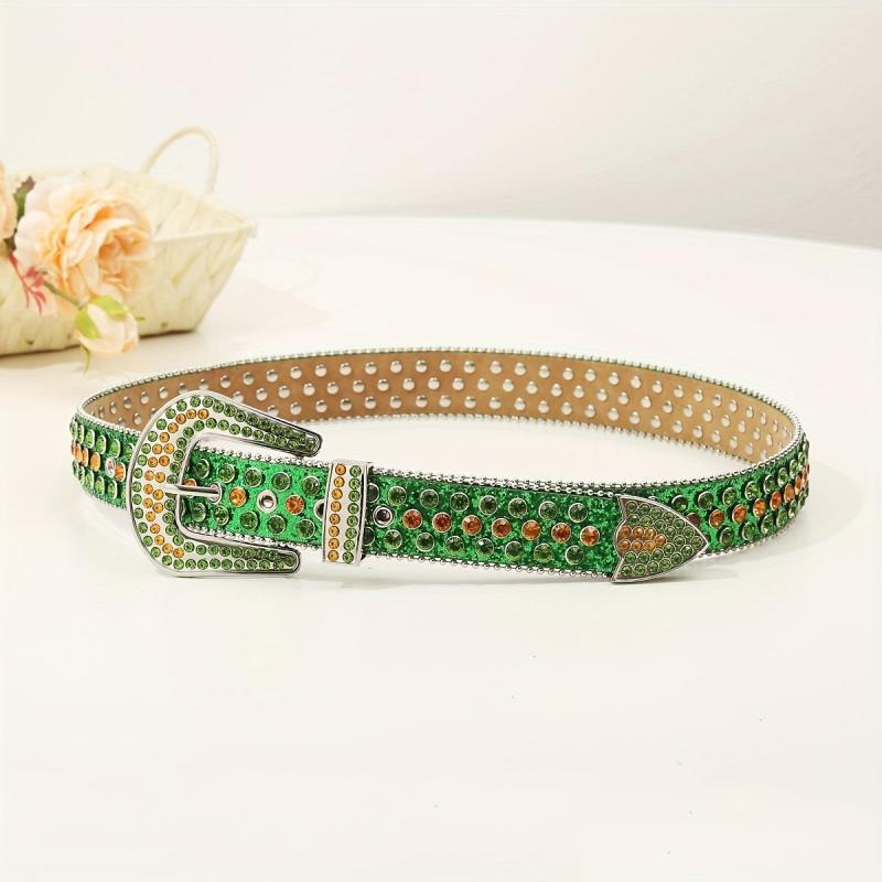 Y2K Rhinestone Decor Belt Punk Rainbow Green PU Belt Hip Hop Gothic Sparkly