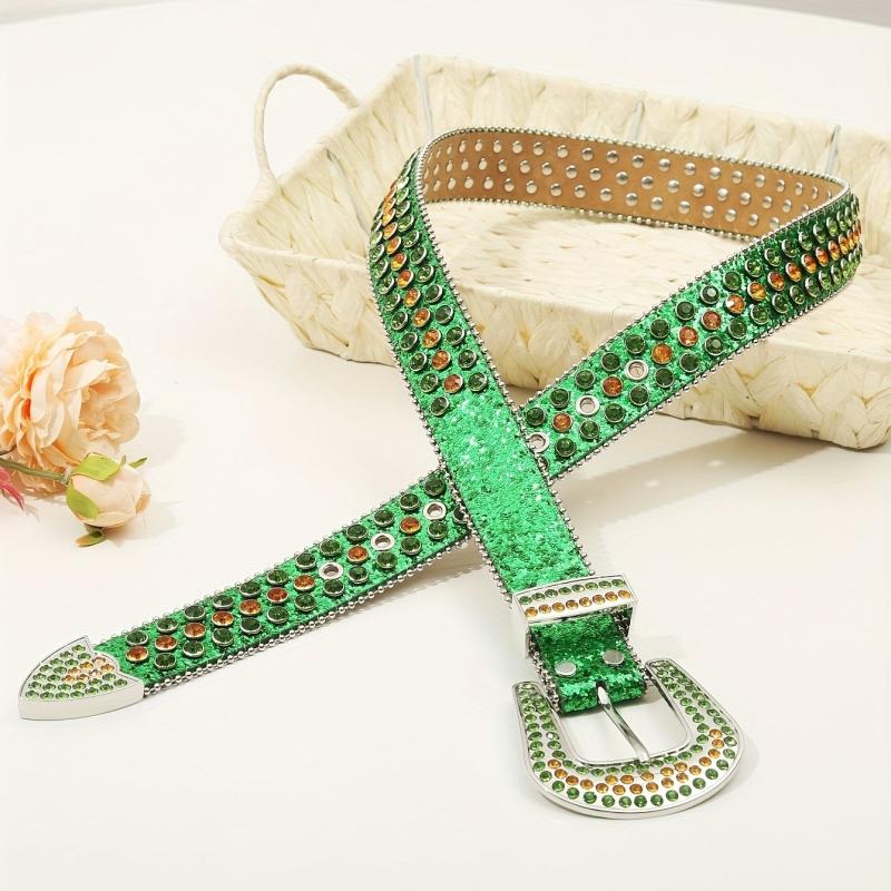 Y2K Rhinestone Decor Belt Punk Rainbow Green PU Belt Hip Hop Gothic Sparkly