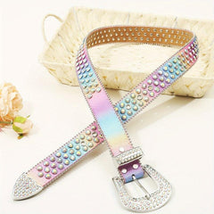 Y2K Rhinestone Decor Belt Punk Rainbow Green PU Belt Hip Hop Gothic Sparkly