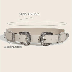 Vintage Carved Double Buckle Belt Solid Western PU Belt