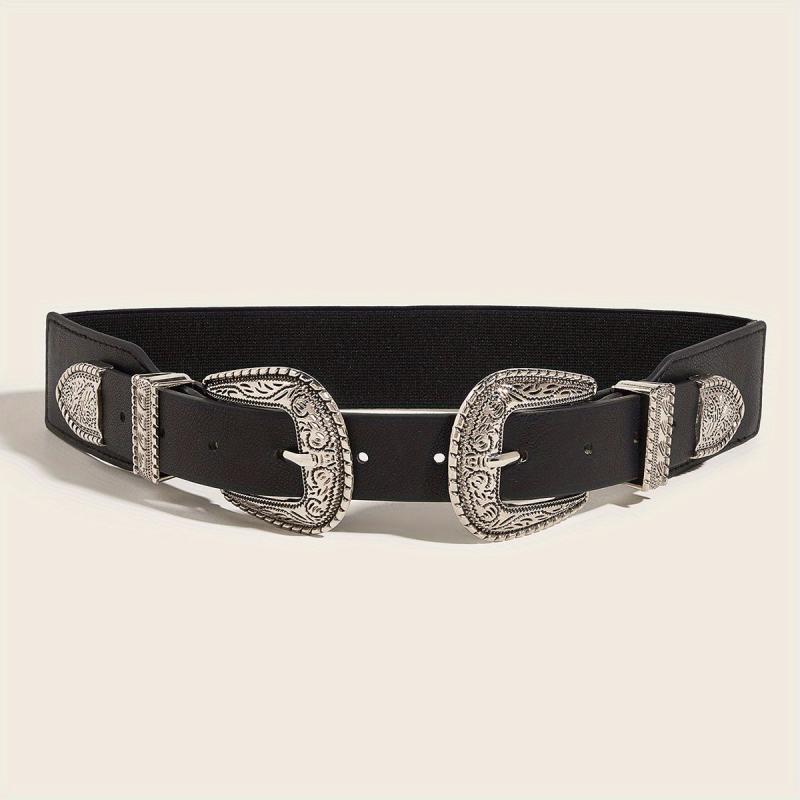 Vintage Carved Double Buckle Belt Solid Western PU Belt