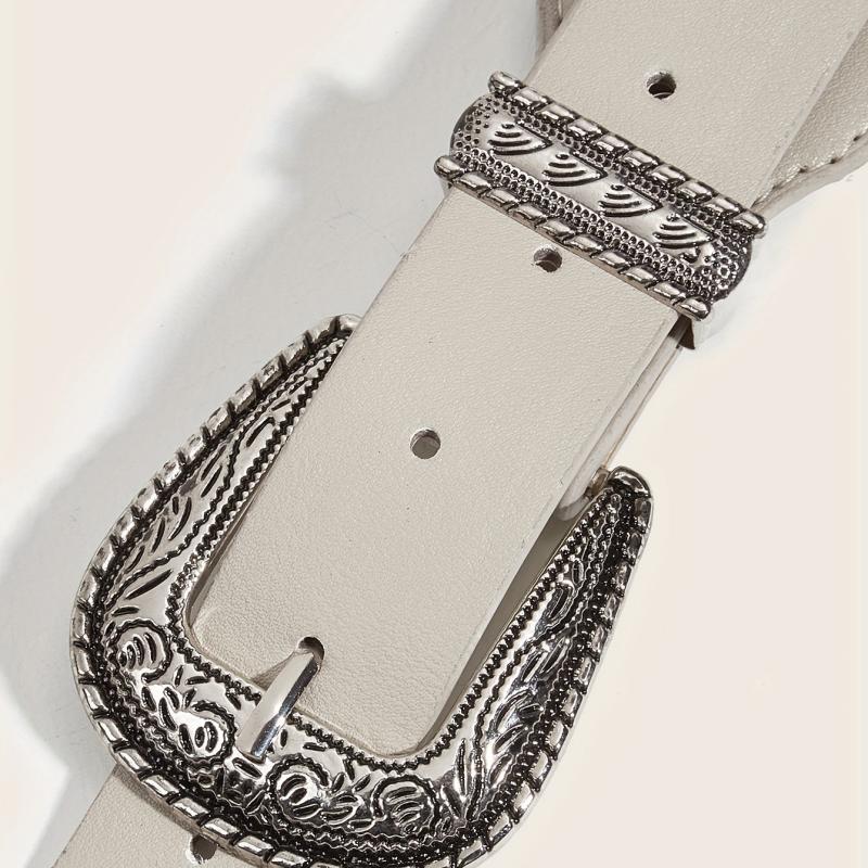 Vintage Carved Double Buckle Belt Solid Western PU Belt
