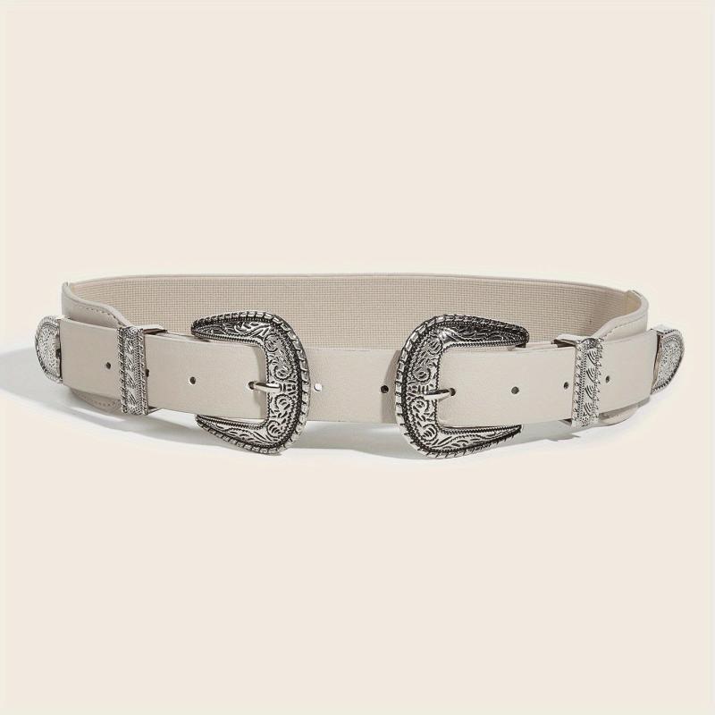 Vintage Carved Double Buckle Belt Solid Western PU Belt