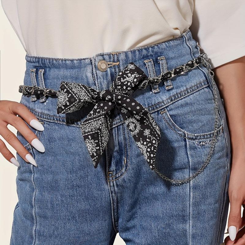 Paisley Print Bowknot Belt Lace Up Waistband Tassel Pants Jeans Belt