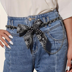 Paisley Print Bowknot Belt Lace Up Waistband Tassel Pants Jeans Belt