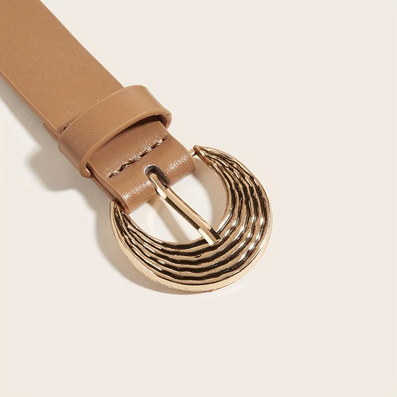 Brown PU Thin Belt Oval Geometric Ripple Metal Buckle Waistband Vintage