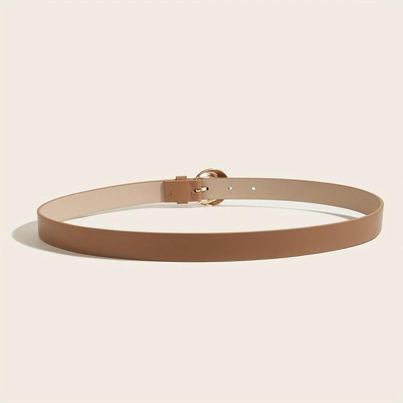 Brown PU Thin Belt Oval Geometric Ripple Metal Buckle Waistband Vintage