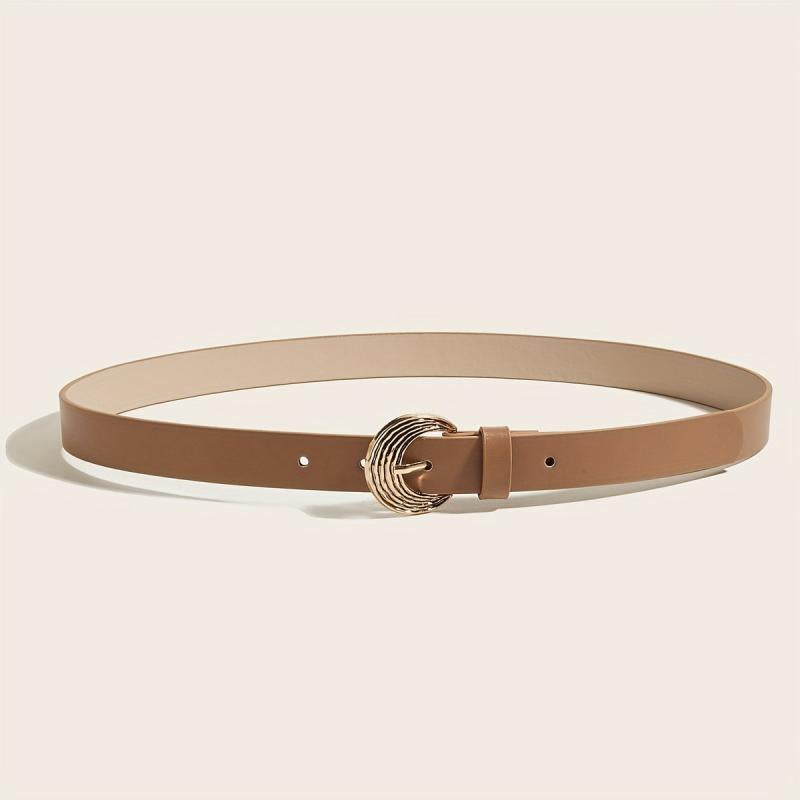 Brown PU Thin Belt Oval Geometric Ripple Metal Buckle Waistband Vintage