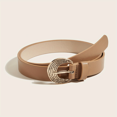 Brown PU Thin Belt Oval Geometric Ripple Metal Buckle Waistband Vintage