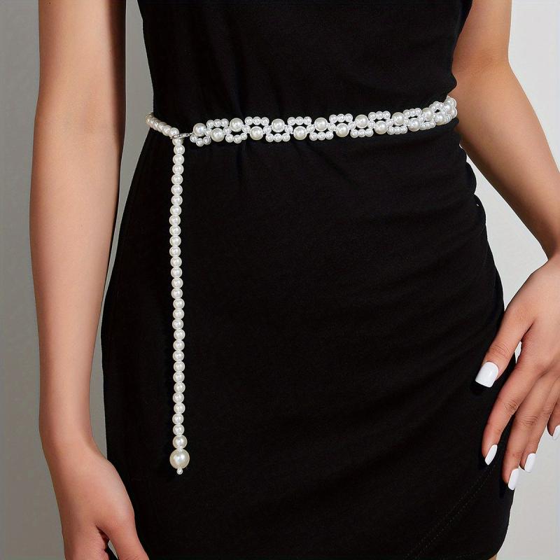 Faux Pearl Waist Chain Pendant Elastic Chain Belt Dress Girdle