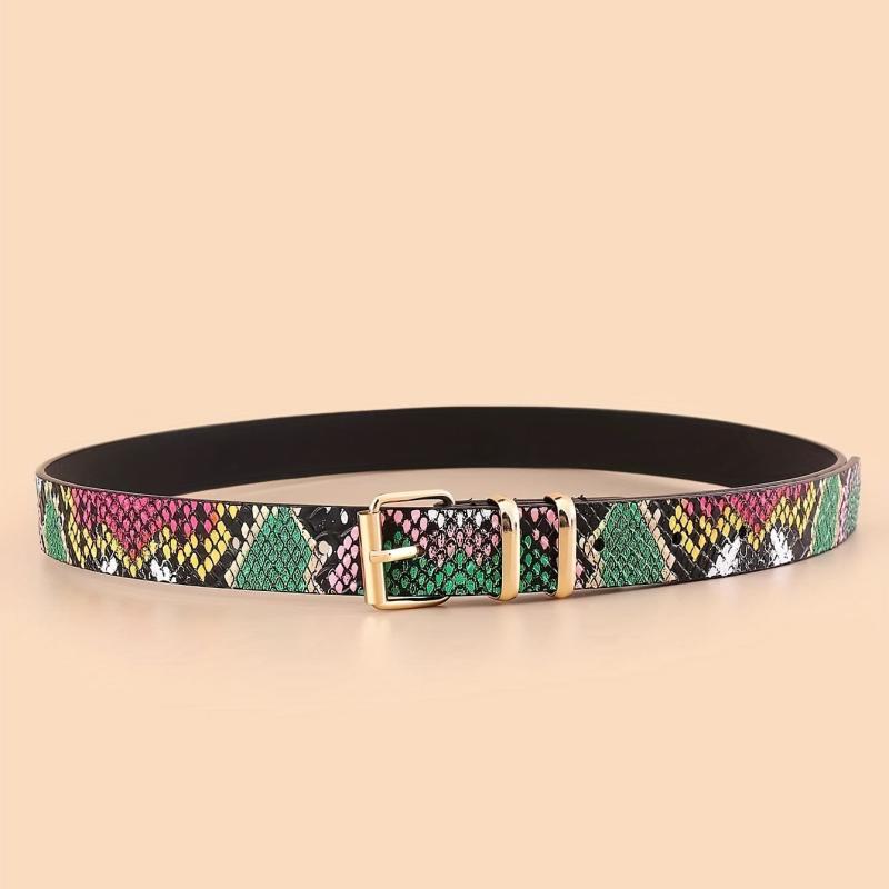 Colorful Snake Pattern Waist Belt Double Loop Thin PU Leather Pin Buckle