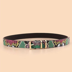 Colorful Snake Pattern Waist Belt Double Loop Thin PU Leather Pin Buckle