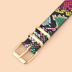 Colorful Snake Pattern Waist Belt Double Loop Thin PU Leather Pin Buckle