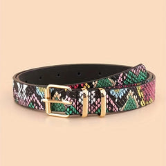Colorful Snake Pattern Waist Belt Double Loop Thin PU Leather Pin Buckle