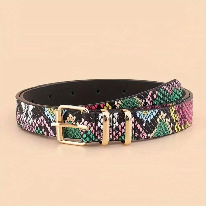 Colorful Snake Pattern Waist Belt Double Loop Thin PU Leather Pin Buckle