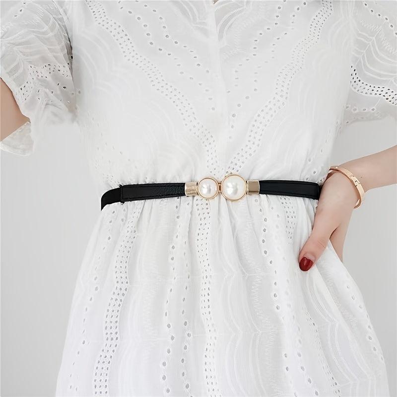 Faux Pearl Buckle Waist Belt Sweet Elastic Skinny Dress Belt