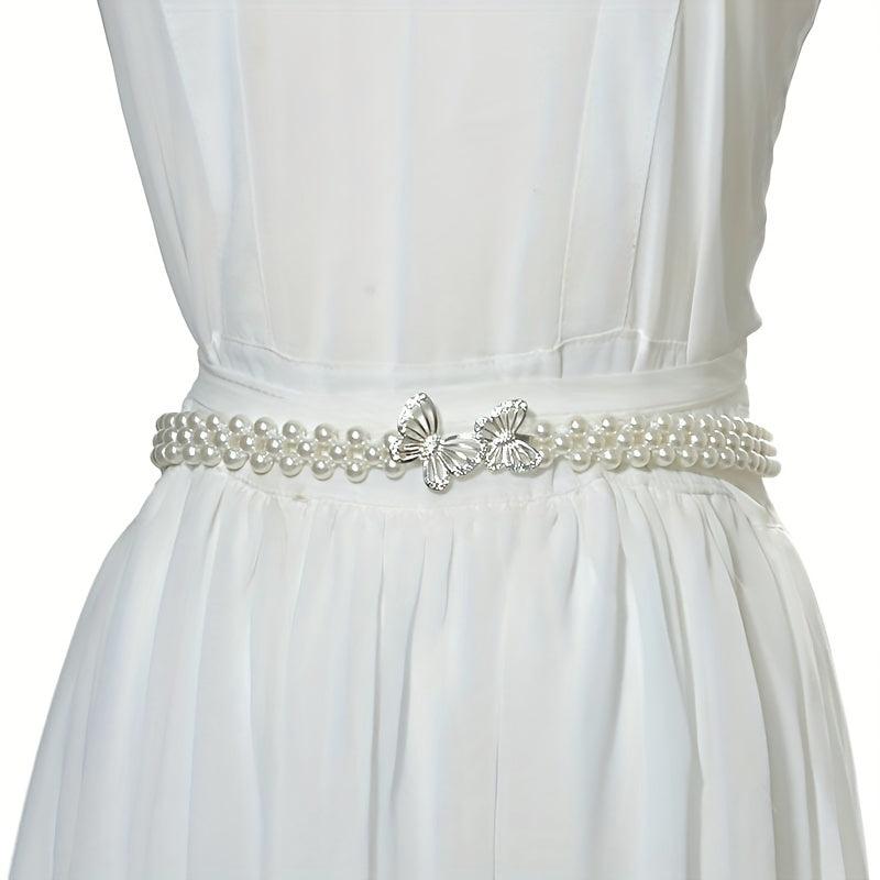 Butterfly Waist Chain Bowknot Faux Pearl Belt Elastic Women's Waist Chain