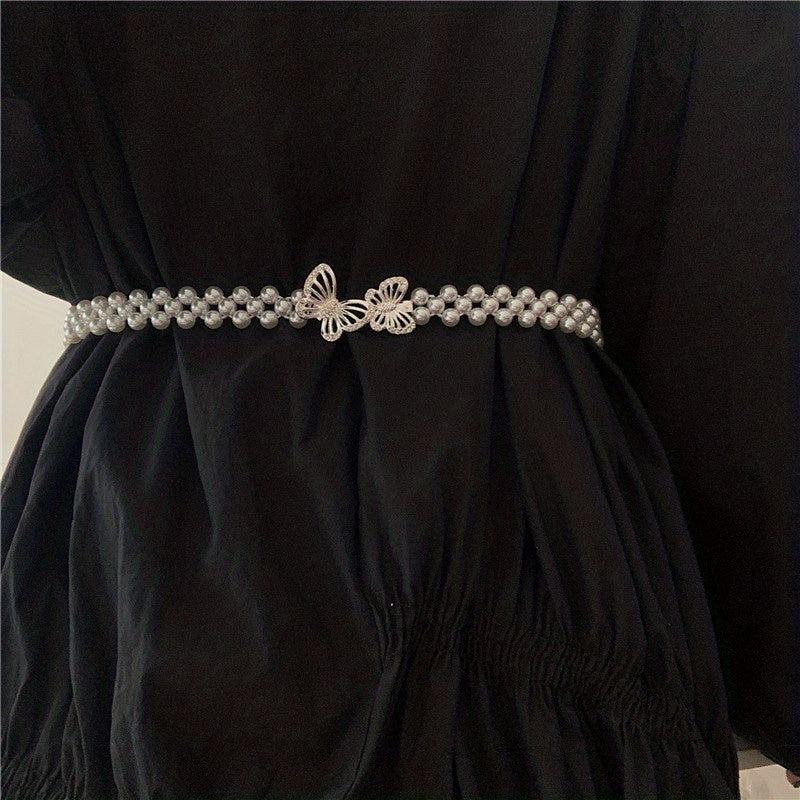 Butterfly Waist Chain Bowknot Faux Pearl Belt Elastic Women's Waist Chain