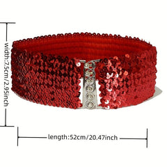 Sparkling Sequins Wide Belt for Women Elastic Dress Coat Waistband