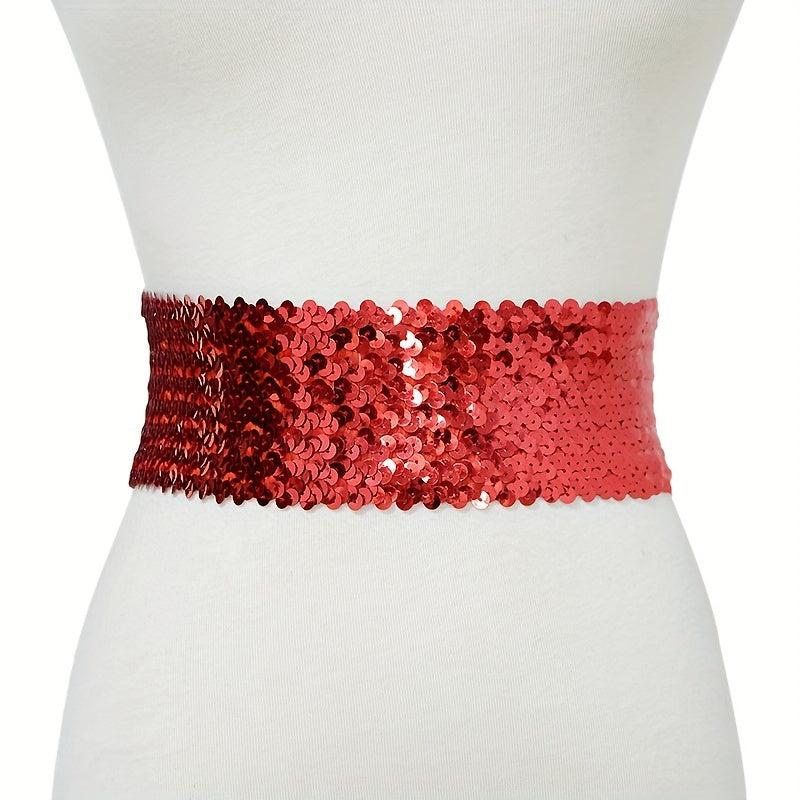 Sparkling Sequins Wide Belt for Women Elastic Dress Coat Waistband