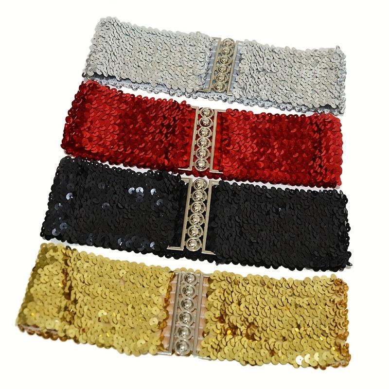 Sparkling Sequins Wide Belt for Women Elastic Dress Coat Waistband