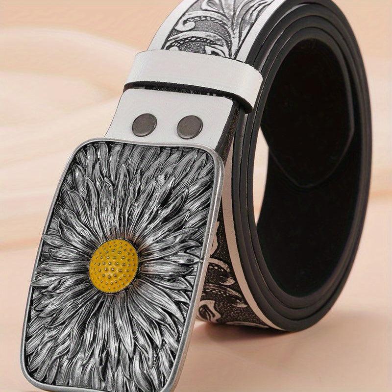 Silvery Sunflower Carved Buckle Belt Western Leaf Embossed Belt