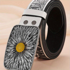 Silvery Sunflower Carved Buckle Belt Western Leaf Embossed Belt