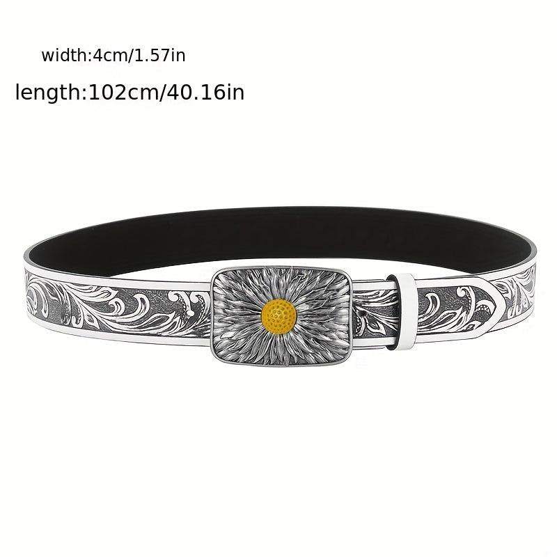 Silvery Sunflower Carved Buckle Belt Western Leaf Embossed Belt