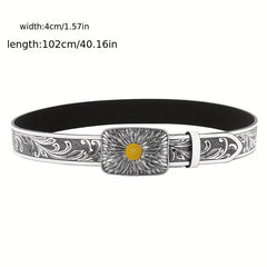 Silvery Sunflower Carved Buckle Belt Western Leaf Embossed Belt