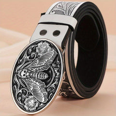 Silvery Sunflower Carved Buckle Belt Western Leaf Embossed Belt