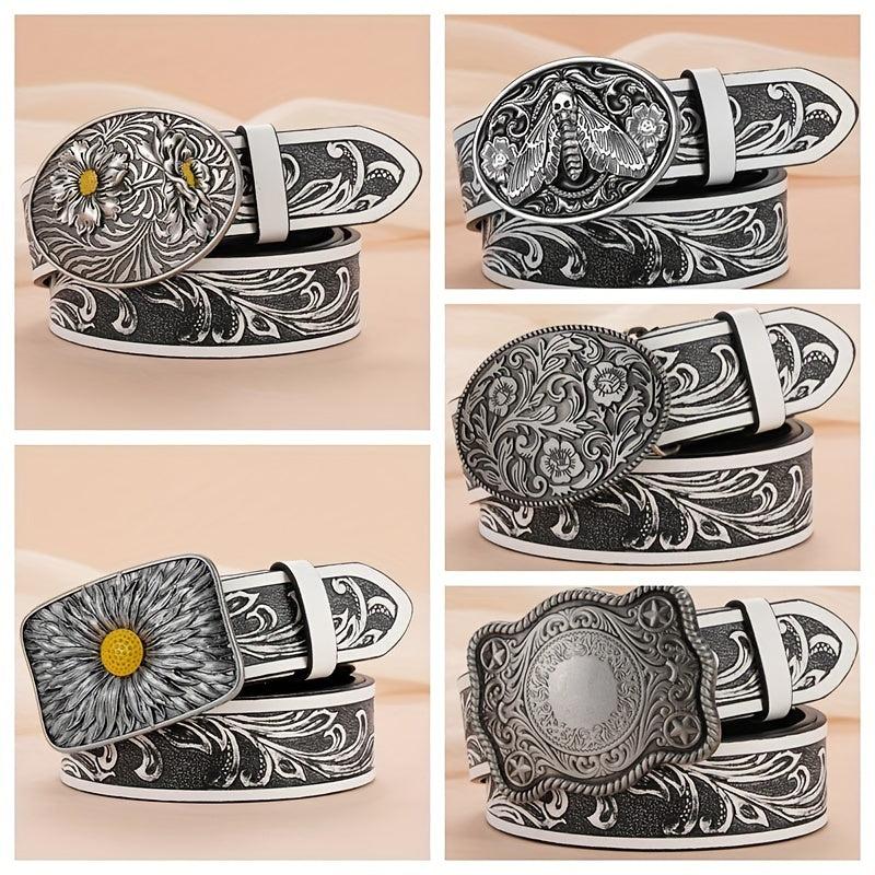 Silvery Sunflower Carved Buckle Belt Western Leaf Embossed Belt