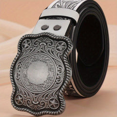 Silvery Sunflower Carved Buckle Belt Western Leaf Embossed Belt