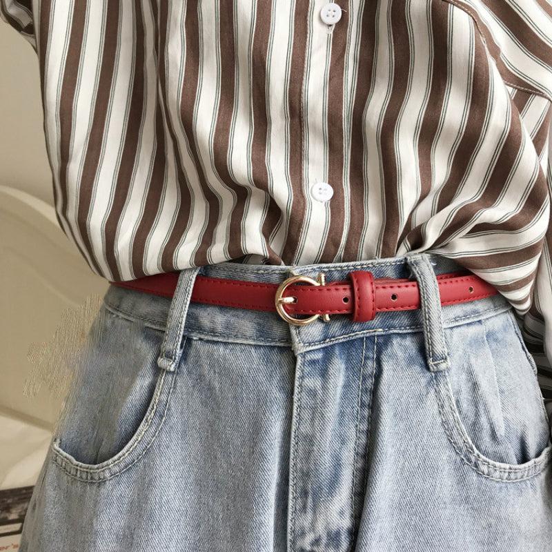 Vintage Round Buckle Thin Belt Classic Solid PU Leather Waistband