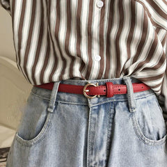 Vintage Round Buckle Thin Belt Classic Solid PU Leather Waistband