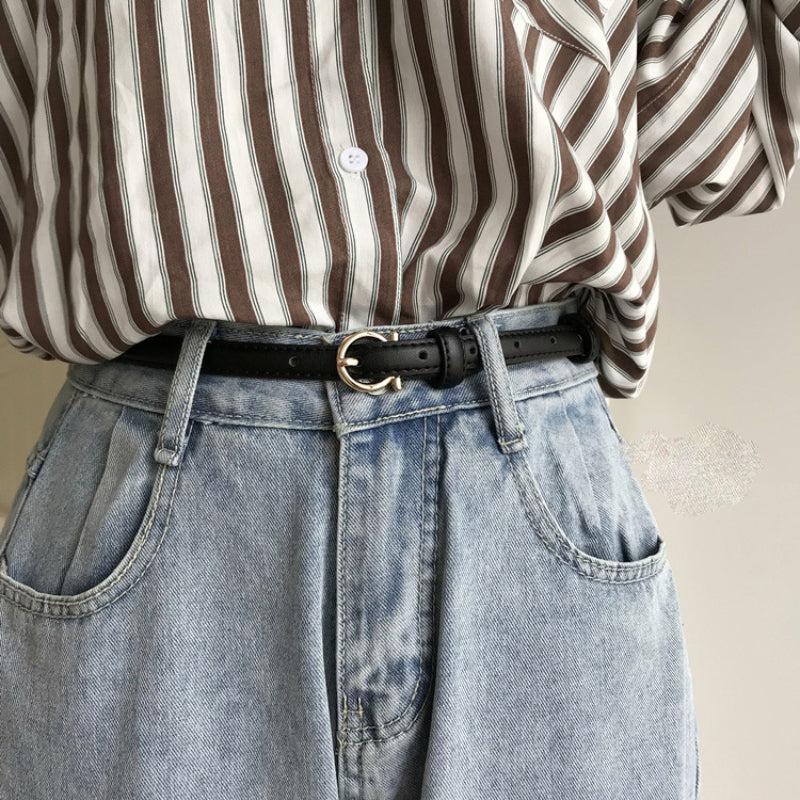 Vintage Round Buckle Thin Belt Classic Solid PU Leather Waistband