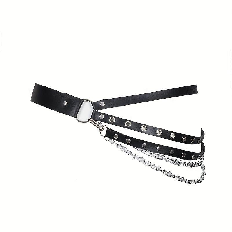 Punk Layered Chain Fringe Belt Hip Hop Rivet PU Leather Waistband