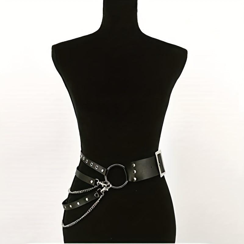 Punk Layered Chain Fringe Belt Hip Hop Rivet PU Leather Waistband