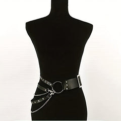 Punk Layered Chain Fringe Belt Hip Hop Rivet PU Leather Waistband