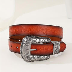 Vintage Flower Pattern PU Jeans Pants Belt Embossed Brown Embossed Belt