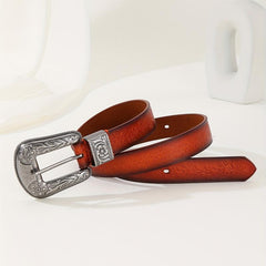 Vintage Flower Pattern PU Jeans Pants Belt Embossed Brown Embossed Belt